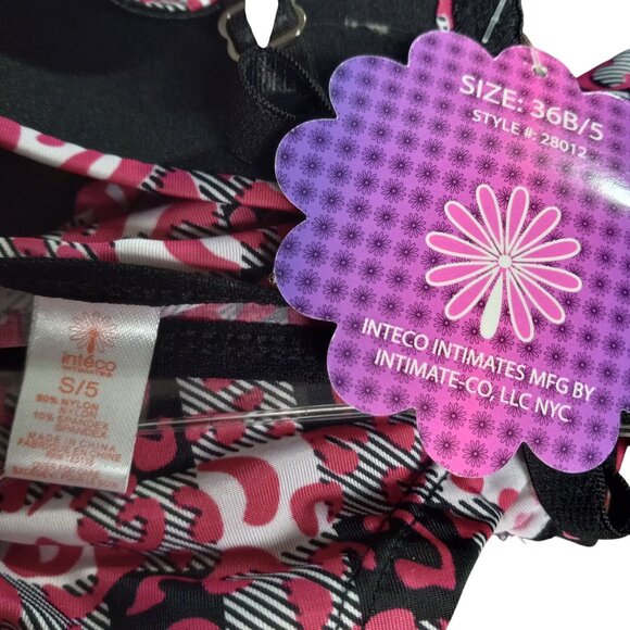 Inteco Intimates 36B 5 Padded Bra Panty Set Pink Black Adjustable Leopard Plaid - Picture 6 of 6